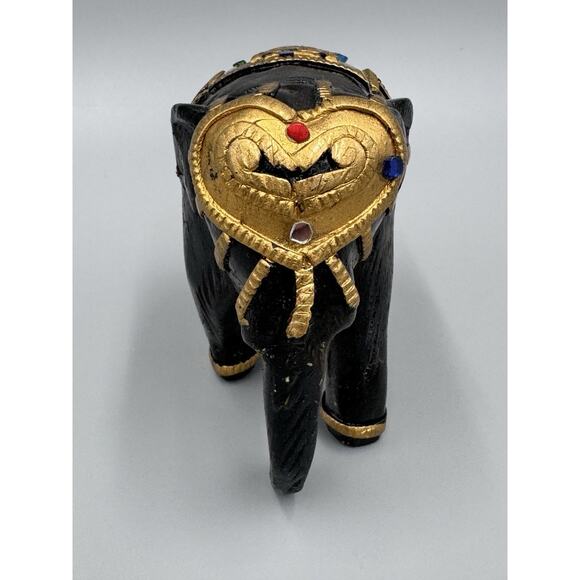 Vintage Black & Gold Colored Jeweled Elephant Wooden Painted Figurine 4” - Picture 2 of 9
